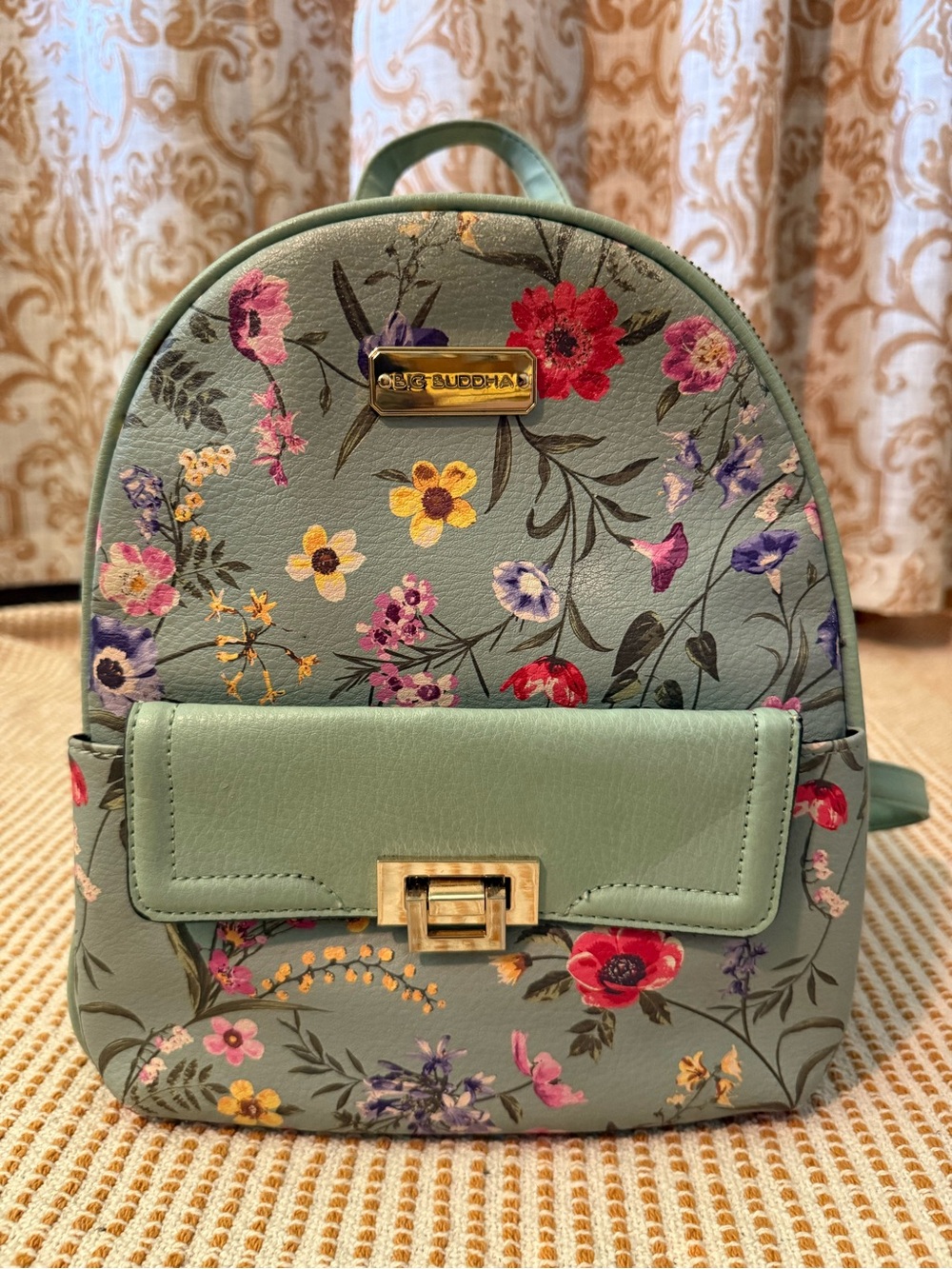 Big Buddha Mint Green Floral Mini Backpack with Gold Hardware - Picture 1 of 10